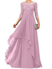 Sheath / Column Mother of the Bride Dress Elegant Jewel Neck Floor Length Chiffon Lace 3/4 Length Sleeve with Appliques