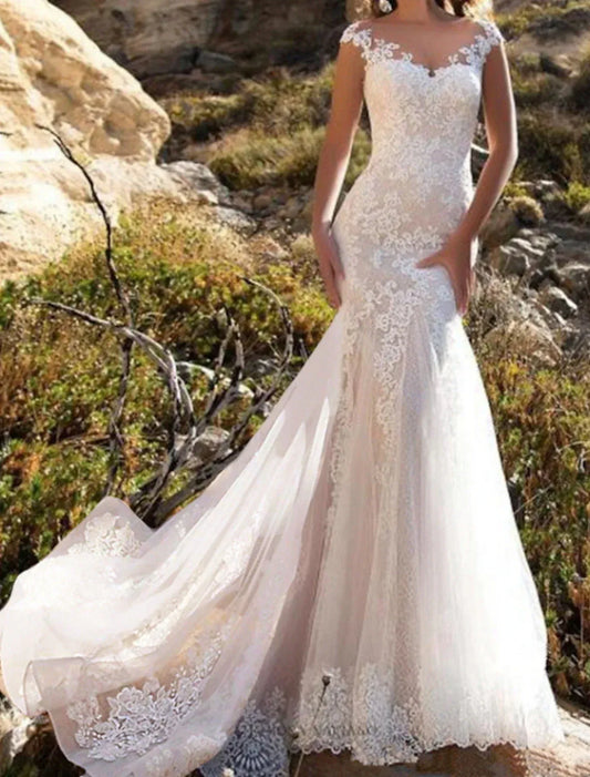 Mermaid Illusion Lace Cap Sleeve Train Wedding Dress - Yihuiw by Yihuiw