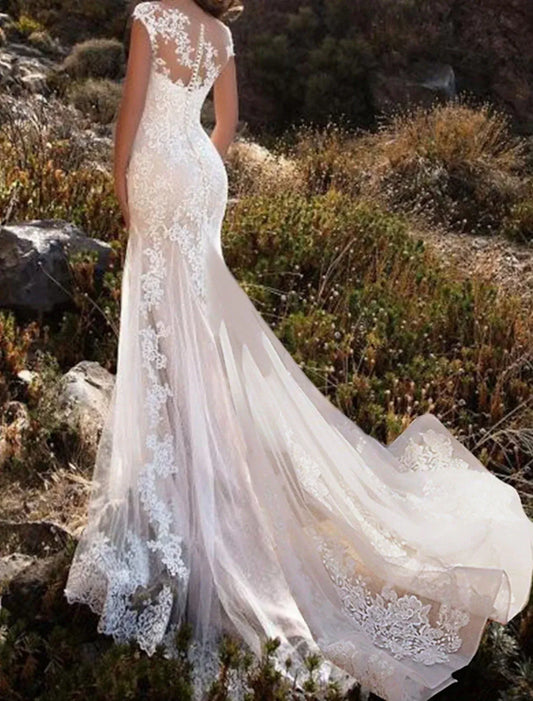 Mermaid Illusion Lace Cap Sleeve Train Wedding Dress - Yihuiw by Yihuiw
