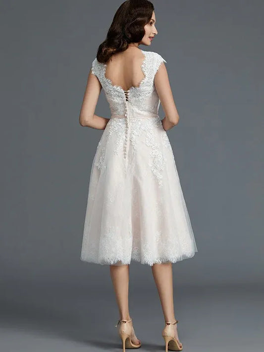 Satin Lace-Up Back Knee-Length Wedding Dress - Yihuiw by Yihuiw