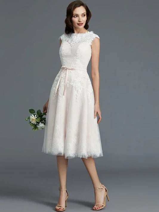 Satin Lace-Up Back Knee-Length Wedding Dress - Yihuiw by Yihuiw