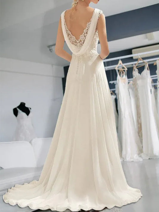 A-Line Sweetheart Chiffon Cap Sleeve Beaded Wedding Dress - Yihuiw by Yihuiw