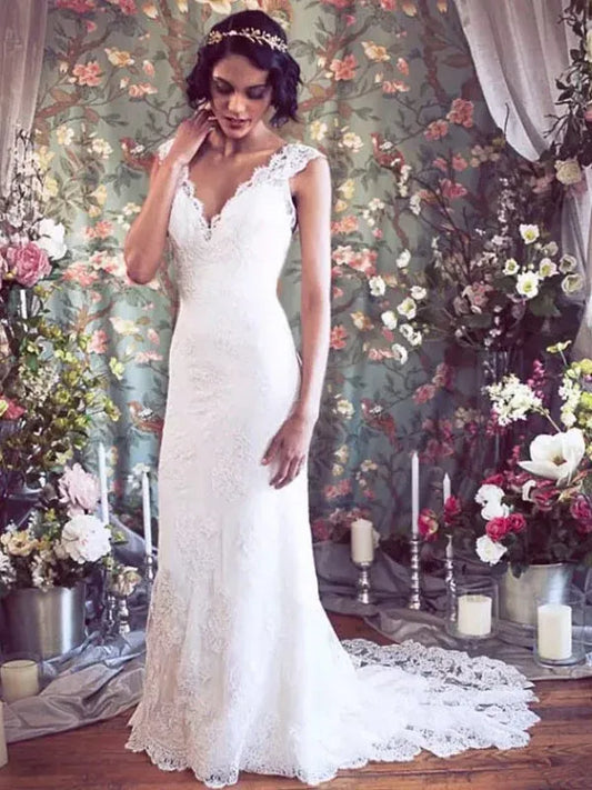 Mermaid Lace Lace-Up Back Train Wedding Dress - Yihuiw by Yihuiw