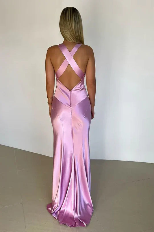 Pink Satin Prom Dress with Crisscross Open Back and High Slit