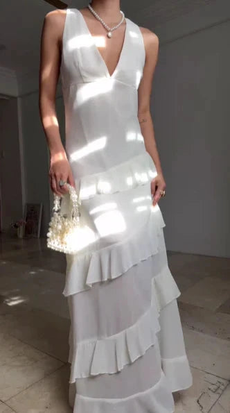 Casual V Neck Chiffon Ruffle Prom Dress Backless Long Formal Dresses simple gentle atmospheric and unique desi Bring summer colors to enhance whiteness by YiHuiw