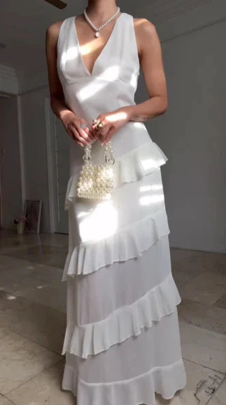 Casual V Neck Chiffon Ruffle Prom Dress Backless Long Formal Dresses simple gentle atmospheric and unique desi Bring summer colors to enhance whiteness by YiHuiw