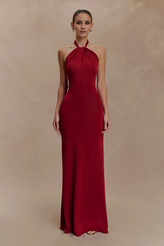 Ceremonial Halter-Neck Sleeveless Open-Back Fitted Floor-Length Evening Dress by YiHuiw