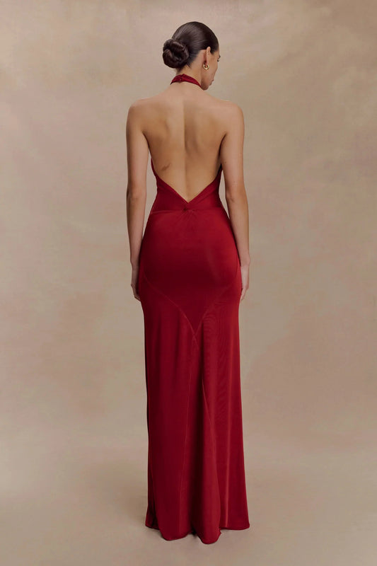 Ceremonial Halter-Neck Sleeveless Open-Back Fitted Floor-Length Evening Dress by YiHuiw