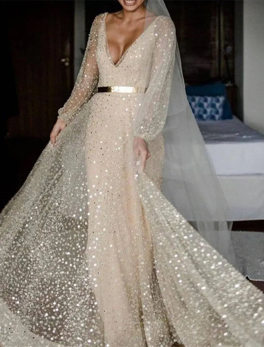 Champagne A-Line Sequin Puff Sleeve Train Wedding Dress - Yihuiw by Yihuiw
