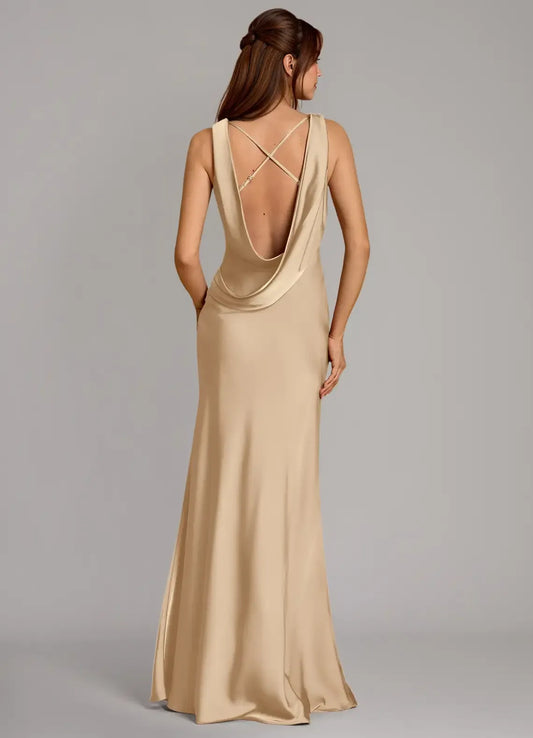 Champagne Mermaid Spaghetti Strap Satin Floor-Length Wedding Dress - Yihuiw by Yihuiw