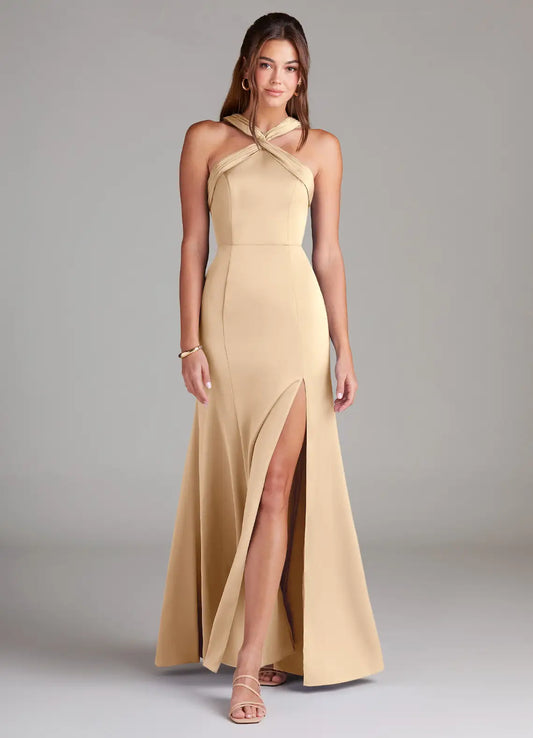 Champagne Mermaid Halter Satin Open Back High Slit Floor-Length Wedding Dress - Yihuiw by Yihuiw