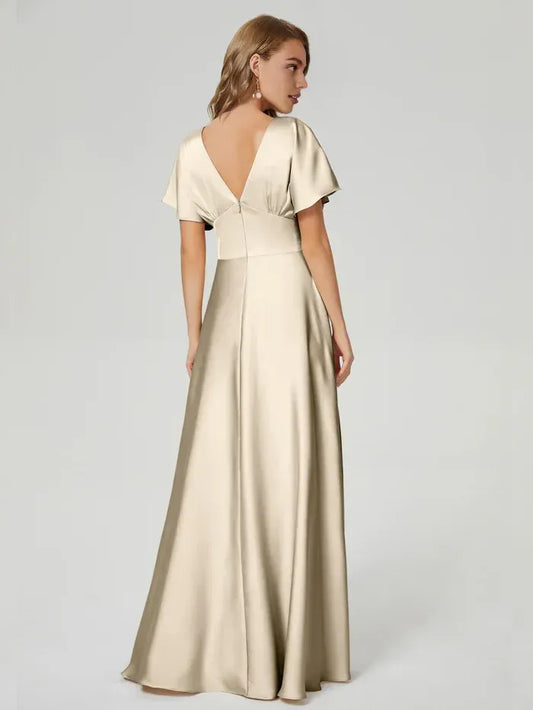 Champagne A-Line Satin Short Sleeve Floor-Length Wedding Dress - Yihuiw by Yihuiw
