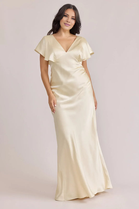 Champagne V-Neck Satin Floor-Length Wedding Dress - Yihuiw by Yihuiw