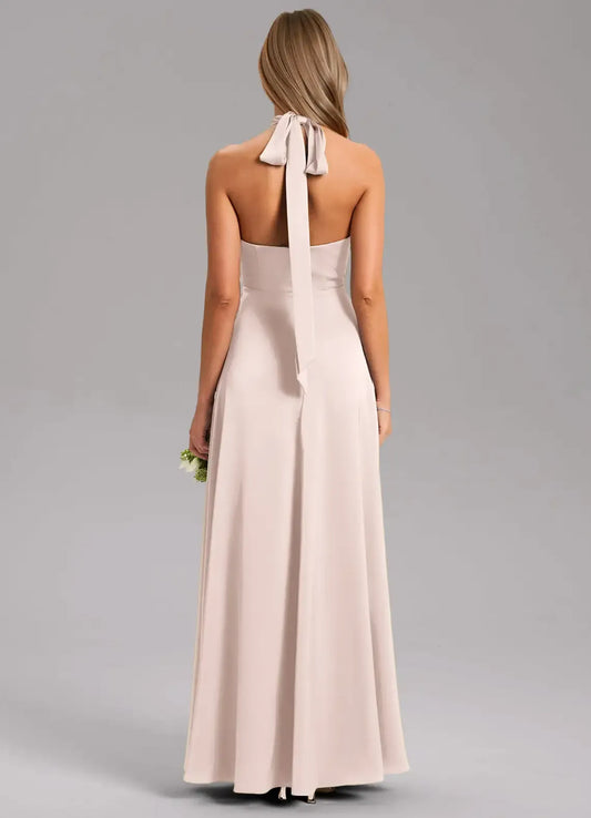Champagne Halter Satin High Slit Floor-Length Wedding Dress - Yihuiw by Yihuiw