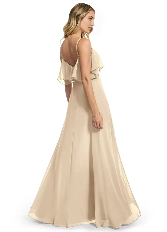 Champagne A-Line Spaghetti Strap Chiffon High Slit Floor-Length Wedding Dress - Yihuiw by Yihuiw