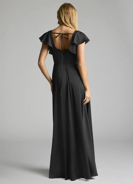 Champagne Satin Cowl Neck Maxi Dress with Draped Scarf Black A-Line Bow Stretch Satin Dress Bridesmaid Dresses by YiHuiw