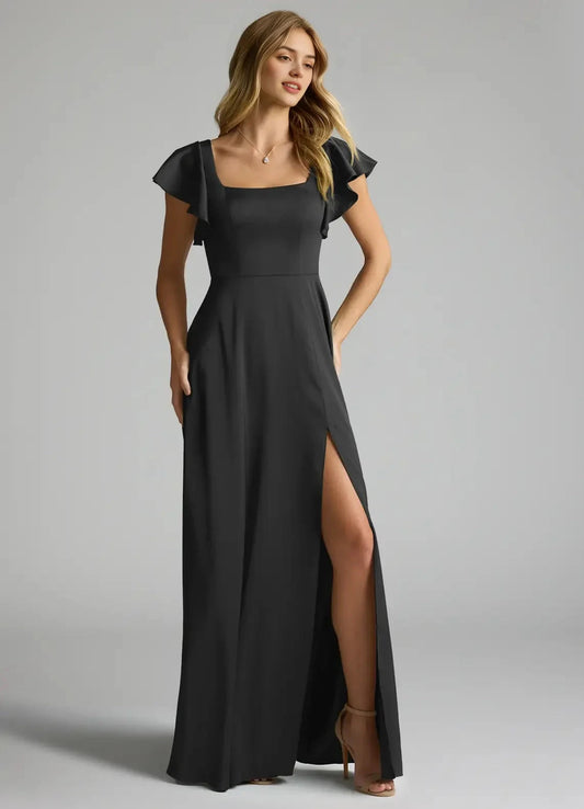 Champagne Satin Cowl Neck Maxi Dress with Draped Scarf Black A-Line Bow Stretch Satin Dress Bridesmaid Dresses by YiHuiw