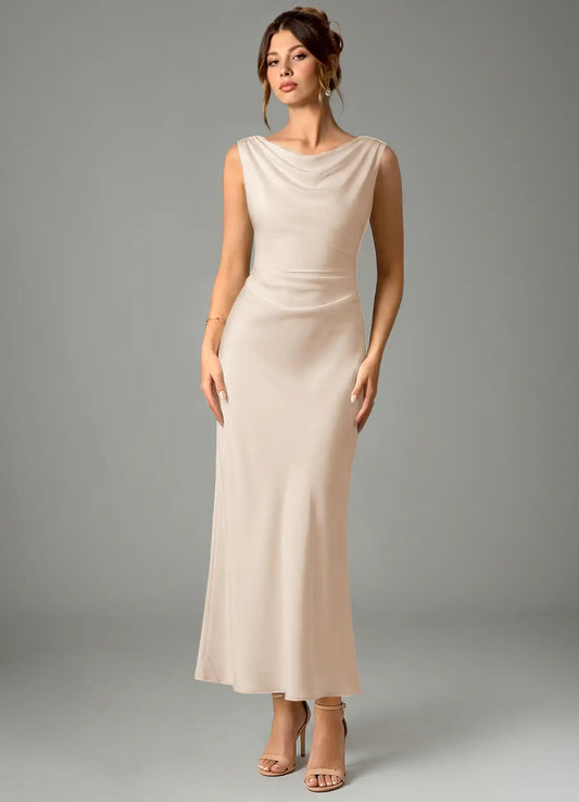 Champagne Cowl Neck Satin Sleeveless Open Back Draped Midi Wedding Dress - Yihuiw by Yihuiw