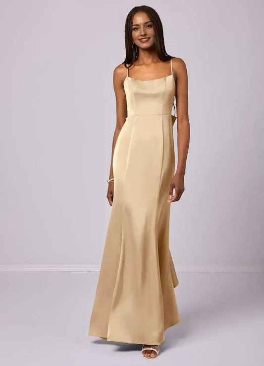 Champagne Spaghetti Strap Satin Ruffled Floor-Length Wedding Dress - Yihuiw by Yihuiw