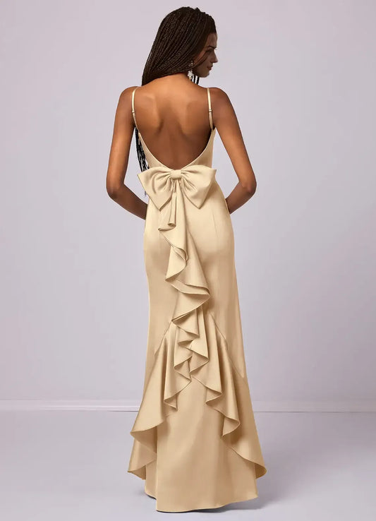 Champagne Spaghetti Strap Satin Ruffled Floor-Length Wedding Dress - Yihuiw by Yihuiw