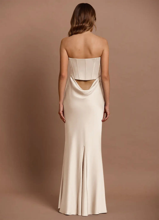 Champagne Mermaid Strapless Lace-Up Back Draped Floor-Length Wedding Dress - Yihuiw by Yihuiw