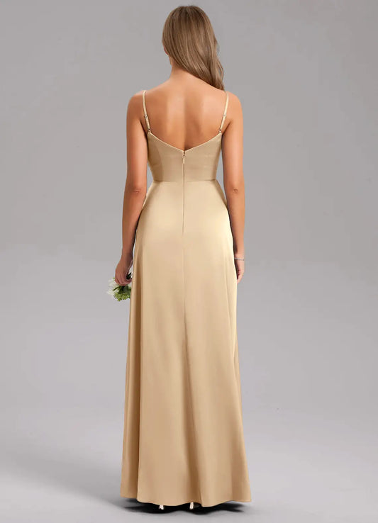 Champagne V-Neck Satin High Slit Floor-Length Wedding Dress - Yihuiw by Yihuiw
