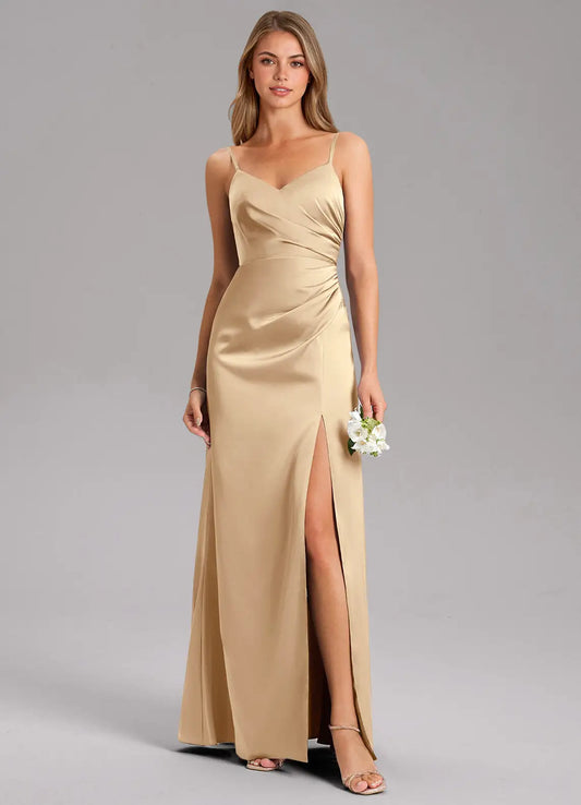Champagne V-Neck Satin High Slit Floor-Length Wedding Dress - Yihuiw by Yihuiw