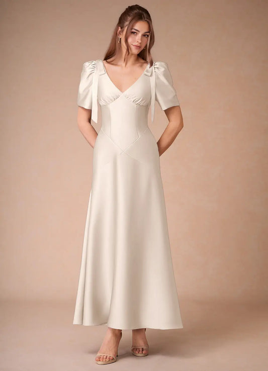 Champagne A-Line V-Neck Satin Short Sleeve Floor-Length Wedding Dress - Yihuiw by Yihuiw