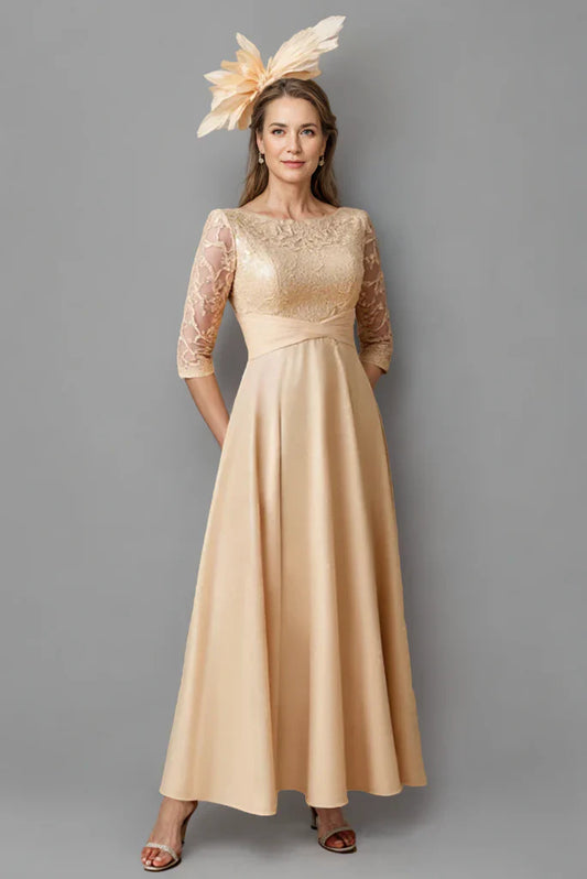 Champagne Mother of the Bride Dress with Lace Bodice and 3/4 Sleeves – Elegant Tea Length A-Line Formal Dress