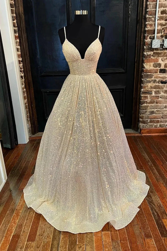 Champagne Sequins Long A-Line Prom Dress Shiny V-Neck Spaghetti Straps Party Dress simple gentle atmospheric and unique desi Bring summer colors to enhance whitenes by YiHuiw