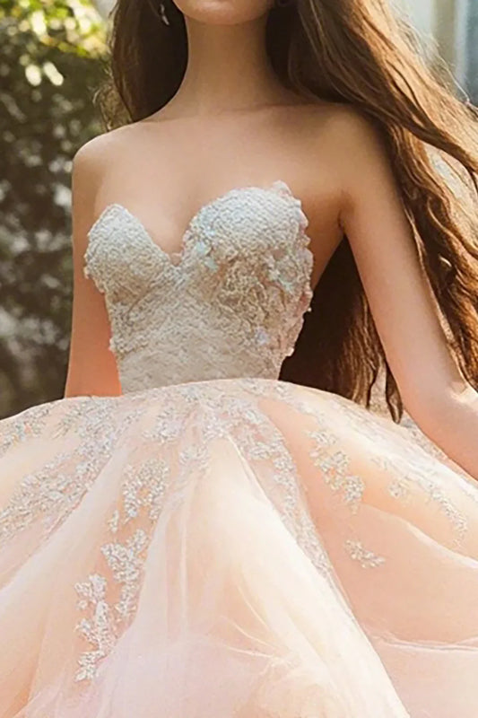 Blush Peach Strapless Ball Gown Prom Dress with Beaded Corset Bodice and Layered Ruffle Tulle Skirt