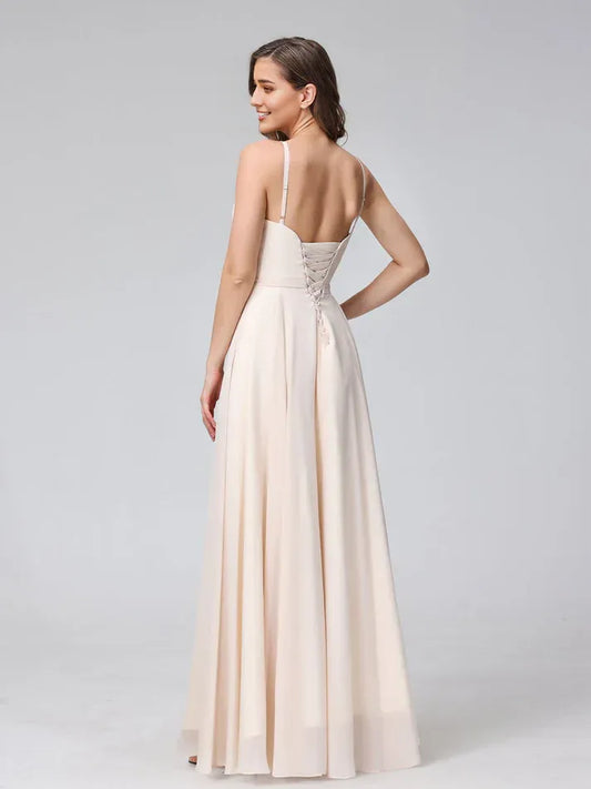 Champagne Spaghetti Strap Chiffon Wedding Dress - Yihuiw by Yihuiw
