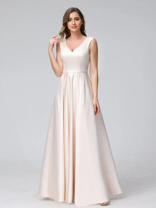 Champagne Satin Sleeveless Wedding Dress - Yihuiw by Yihuiw