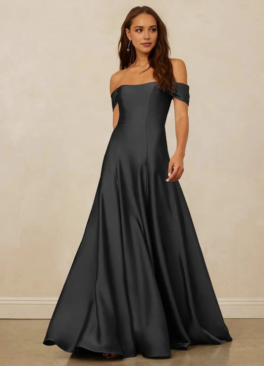 Charcoal Gray Off - Shoulder Satin Maxi Dress Black A-Line Off the Shoulder Stretch Satin Convertible Dress Bridesmaid Dresses by YiHuiw