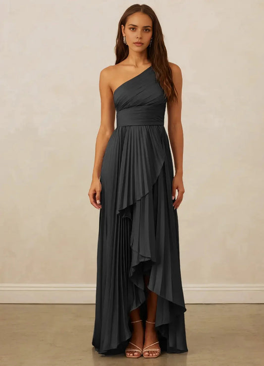 Charcoal Grey One-Shoulder Pleated Maxi Dress with Ruffled Detail A-Line One Shoulder Stretch Satin Dress Bridesmaid Dresses by YiHuiw