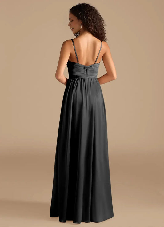 Charcoal Grey Satin V-Neck Maxi Dress with Side Slit A-Line Pleated Metallic Satin Dress Bridesmaid Dresses by YiHuiw