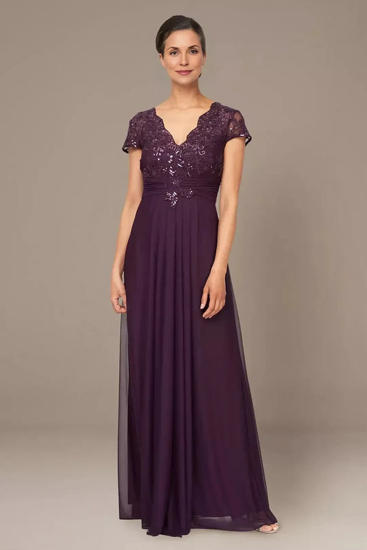 Charming A Line V Neck Short Sleeve Lace Back Floor Length Mother of the Bride Dress by YiHuiw