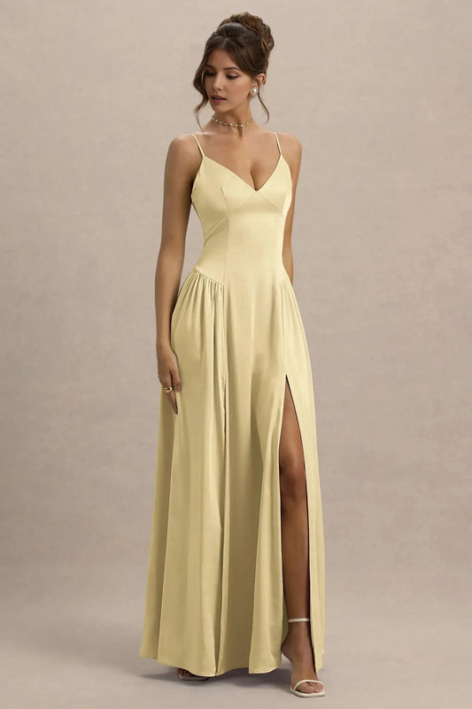 Charming Mermaid V Neck Spaghetti Strap Open Back High Slit Floor Length Prom Dress by YiHuiw