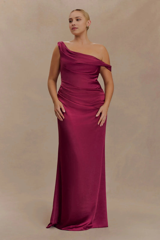 Charming Sheath One Shoulder Sleeveless Ruched Back Floor Length Plus Size Prom Dress by YiHuiw