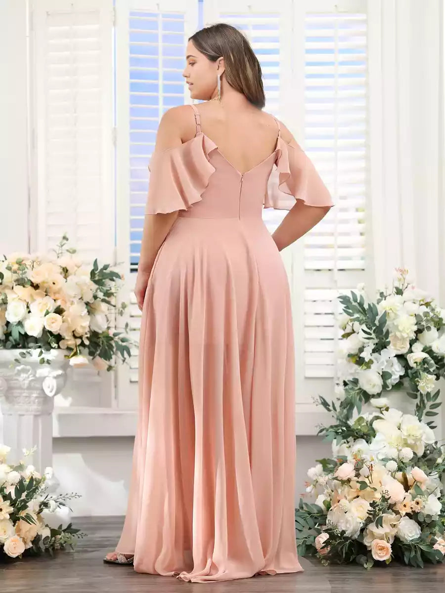 Encantadores vestidos de dama de honor oversize de gasa, con corte en A, escote en V, tirantes, manga corta y diseño asimétrico