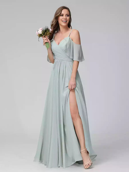Charming A-line V-neck chiffon long style with side slits and thin shoulder straps Bridesmaid Dresses
