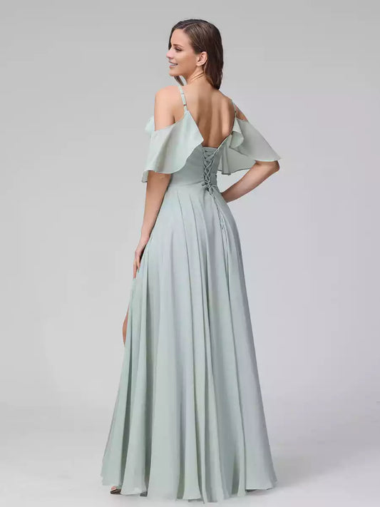 Charming A-line V-neck chiffon long style with side slits and thin shoulder straps Bridesmaid Dresses