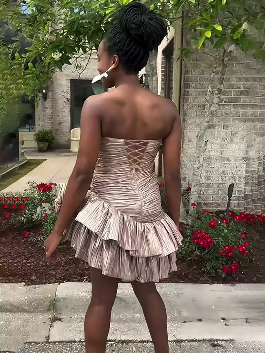 Charming A-line satin short off shoulder neckline with sleeveless pleats and bow tie back Homecoming Dresses