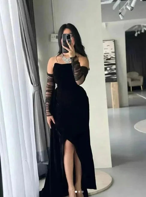 Charming Black Strapless Long Formal Party Dress Evening Gown simple gentle atmospheric and unique desi Bring summer colors to enhance whiteness by YiHuiw