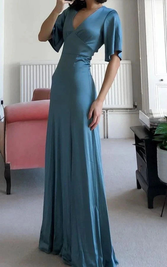 Charming V Neck Evening Dresses Classy Prom Dress with Sleeve simple gentle atmospheric and unique desi Bring summer colors to enhance whiteness by YiHuiw
