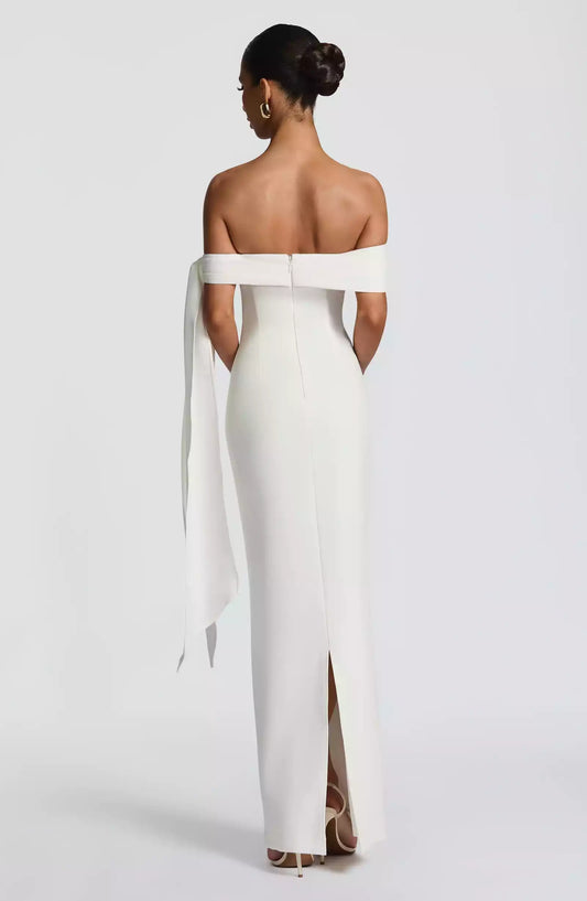 Charming fully lined pleated asymmetrical off shoulder collar with hanging knot and lace details hidden zipper Prom Dresses
