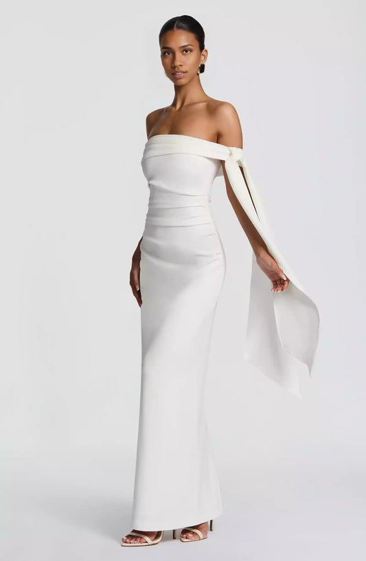 Charming fully lined pleated asymmetrical off shoulder collar with hanging knot and lace details hidden zipper Prom Dresses