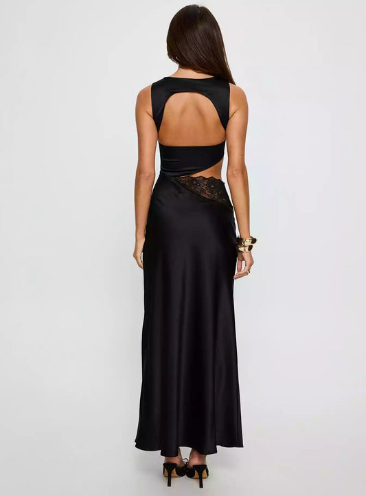 Charming hollowed out lace details, round neck satin, sleeveless side zipper, backless, fully lined Prom Dresses