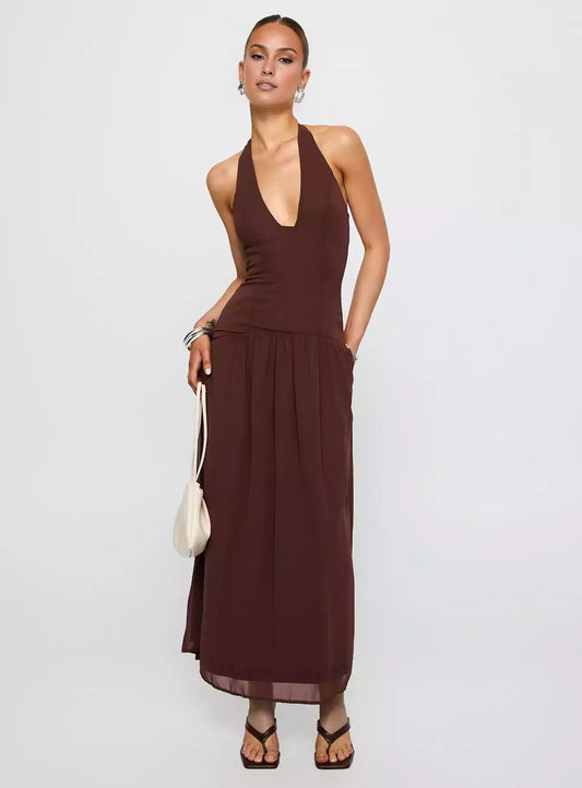 Charming low waist long V-neck pleated hem, back neck tie, hidden zipper, Prom Dresses