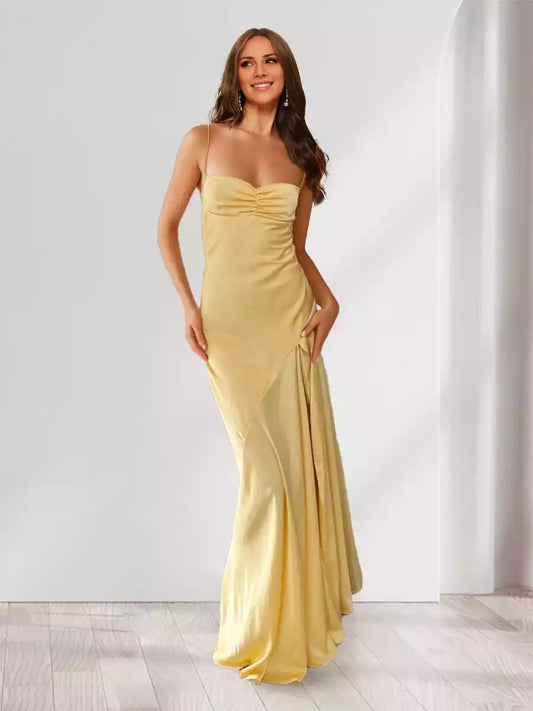 Charming slim fit/straight camisole pleated long side slit Bridesmaid Dresses
